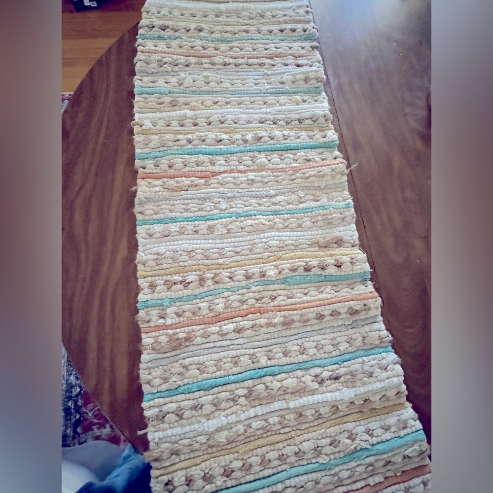 Soft jute mix table runner.. boho with neutral and pastel tones.
